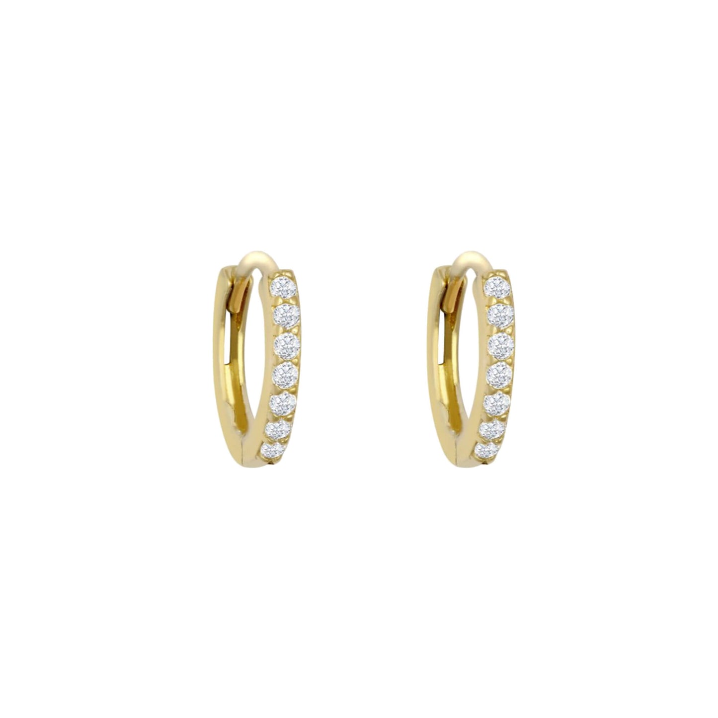 PAIR OF 9K GOLD FINE HINGE HUGGUES WITH PART PAVE CZ STONES.