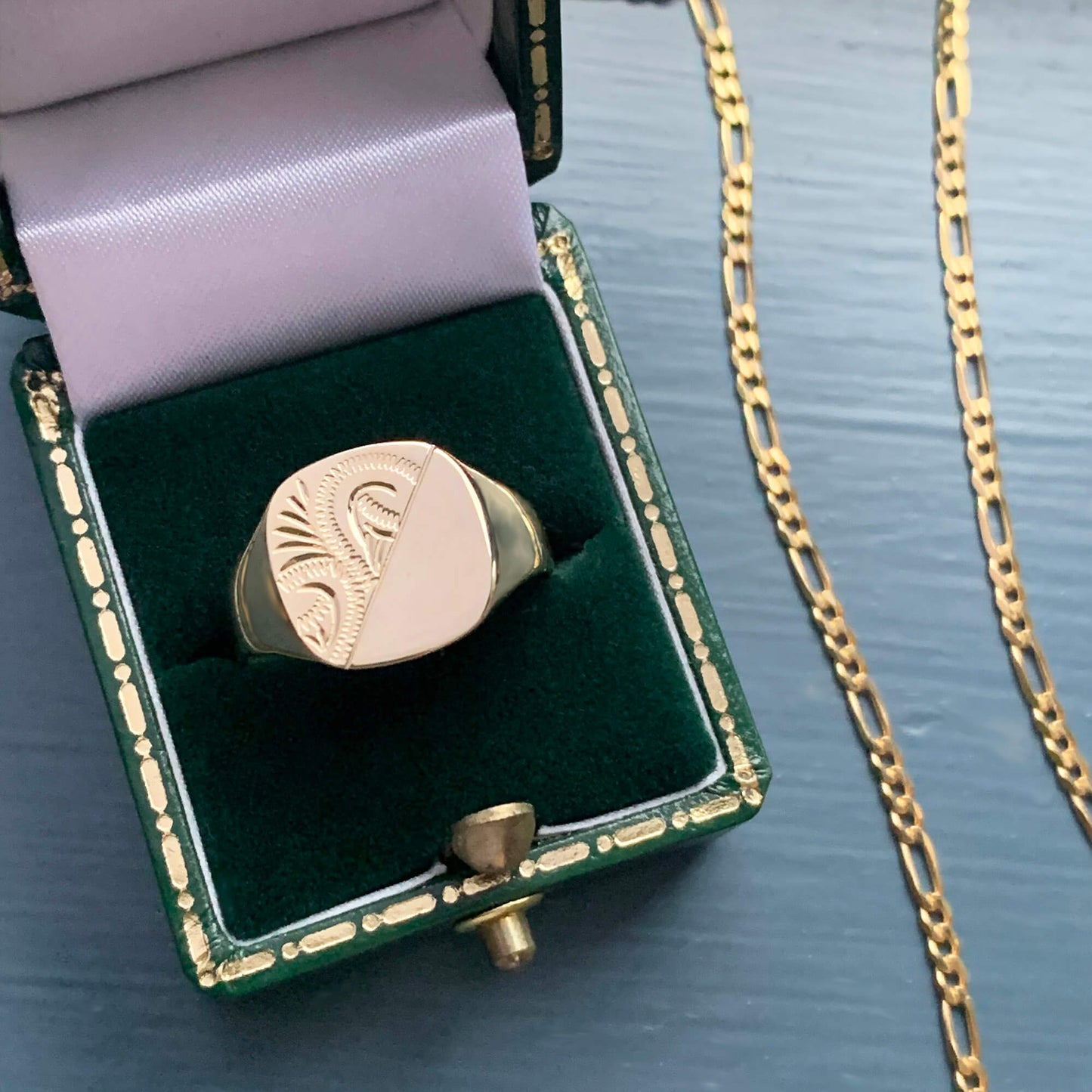9K GOLD CUSHION ENGRAVED SIGNET RING