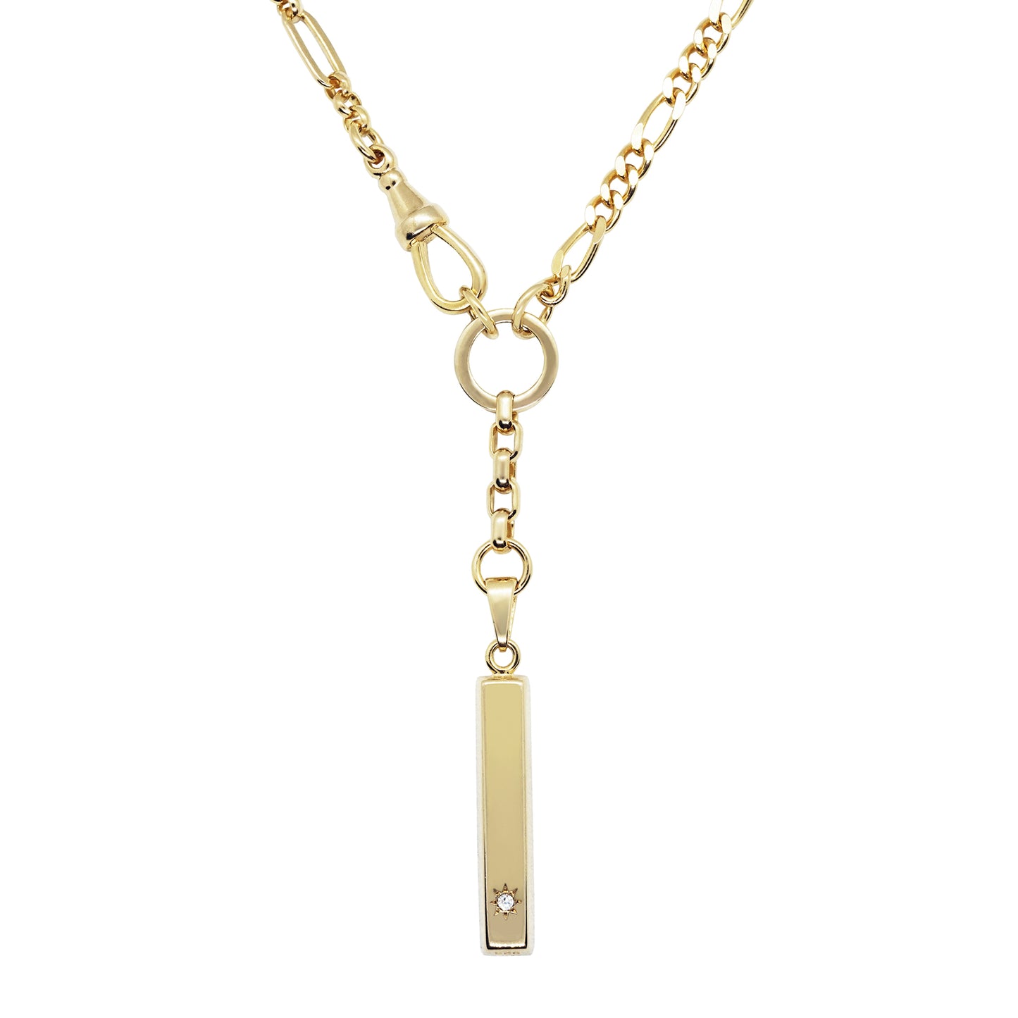 Close up product shot of Pawnshop gold plated sterling silver ingot necklace on a white background. The ingot has a small crystal rhinestone at the bottom of the ingot charm, with a starburst surround. The necklace is made of mixed chain and is a Y drop profile.