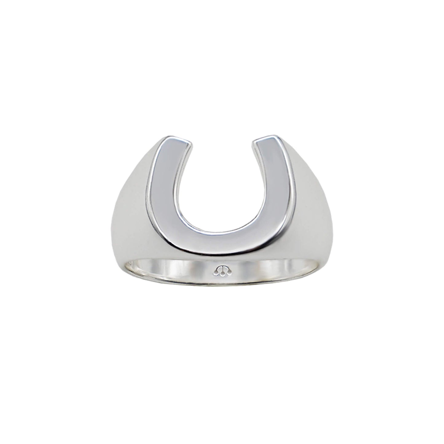 Sterling silver smooth horseshoe ring with pawnshop 3 ball logo on inner band.