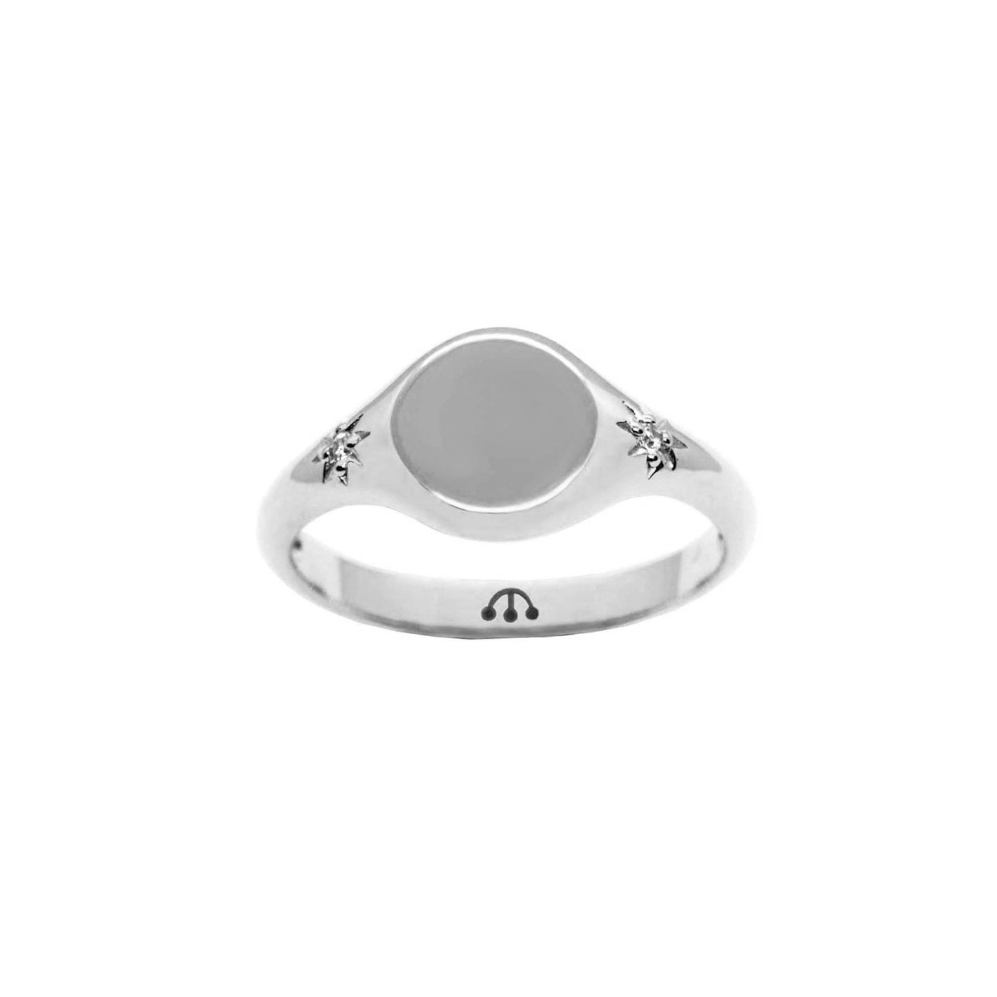 round face pawnshop signature starburst pinky signet ring with clear cubic zirconia starburst sides.
