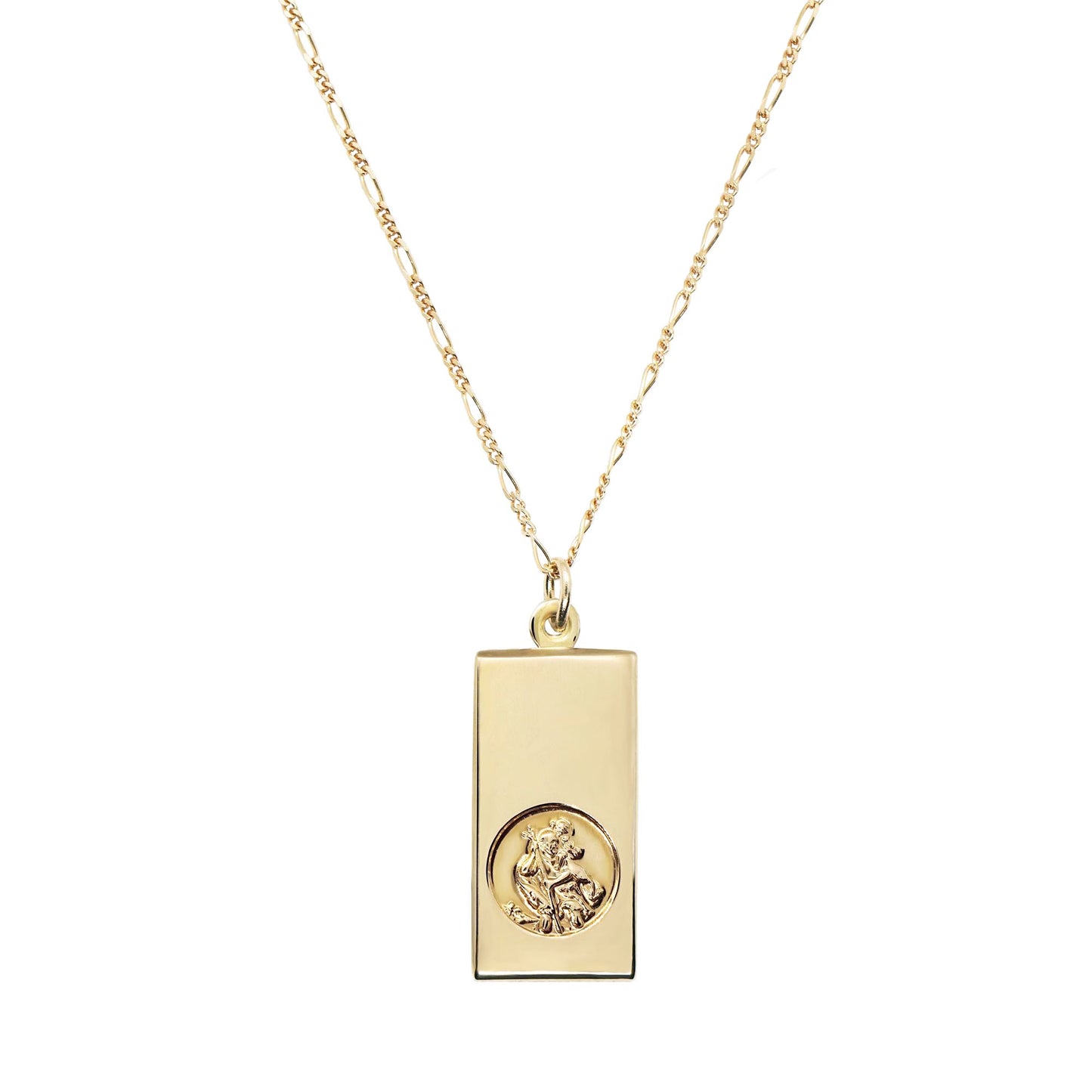 close up of 9K gold st christopher ingot necklace on a white background