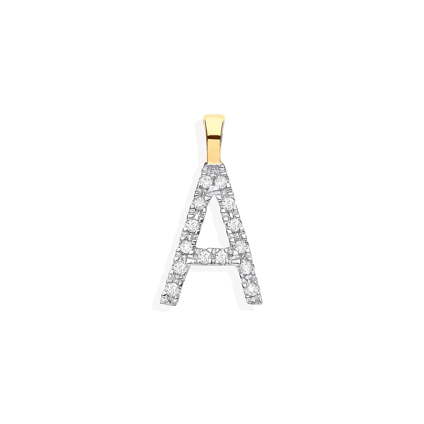 Diamonds set in a block A capital letter on yellow gold, with bale.