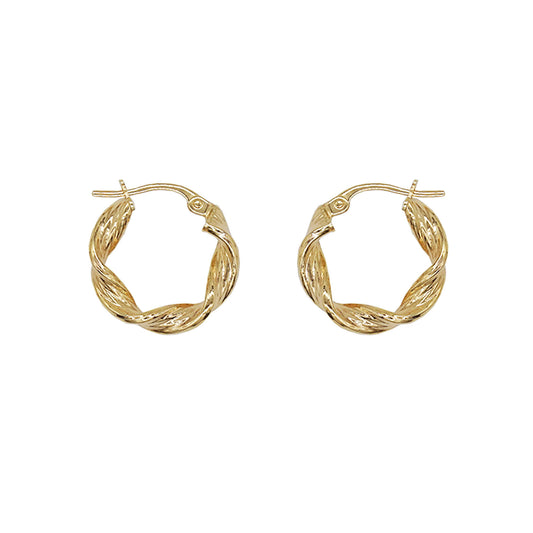 small 9k gold twist hoops with lever catch.