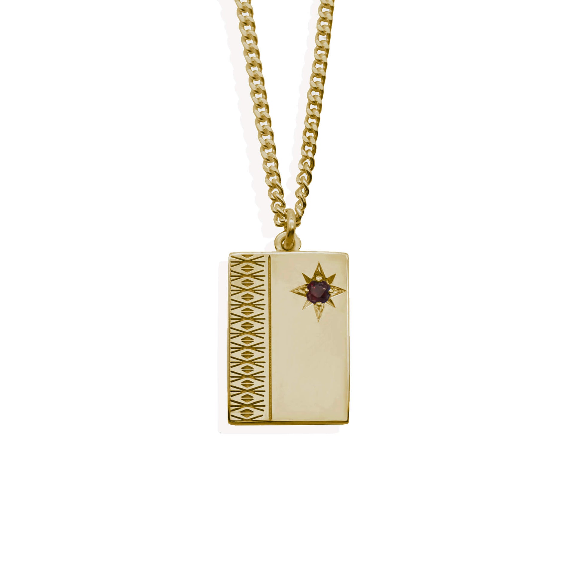 9k gold ingot with diamond engraving pattern & garnet set starburst on 9k gold curb chain.