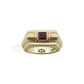 Solid 9K gold rectangle signet ring, set with a princess cut red garnet , hallmarked & with pawnshop balls logo on inner band.