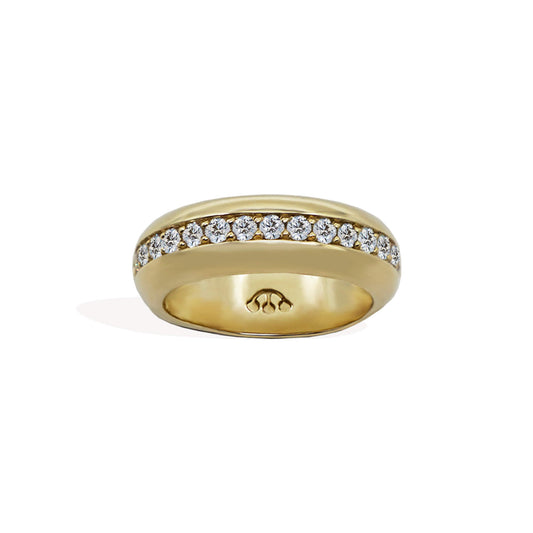 gold domed half eternity ring set with white sapphire stones, pawnshop logo on inner band.