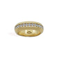 gold domed half eternity ring set with white sapphire stones, pawnshop logo on inner band.