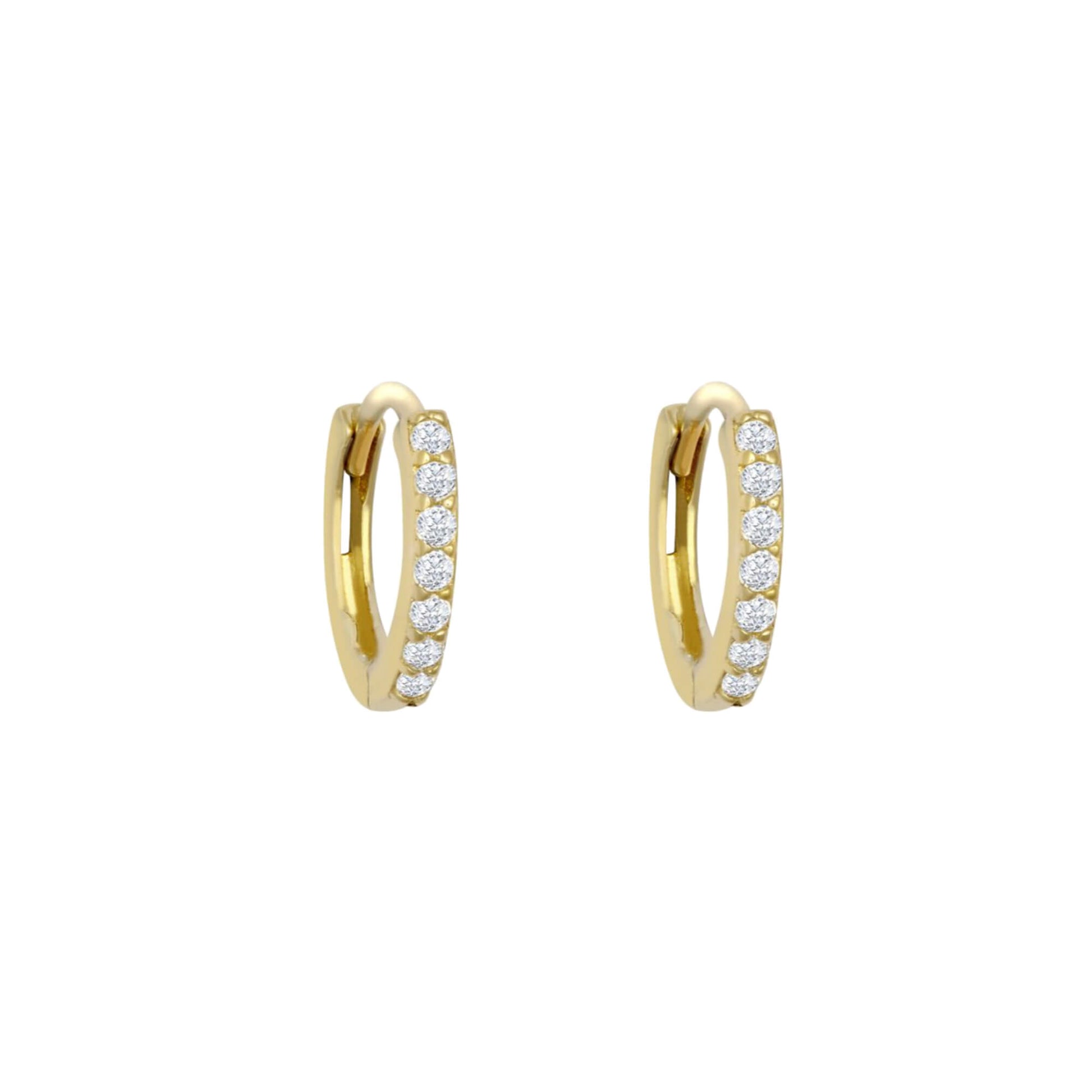 PAIR OF 9K GOLD FINE HINGE HUGGUES WITH PART PAVE CZ STONES.