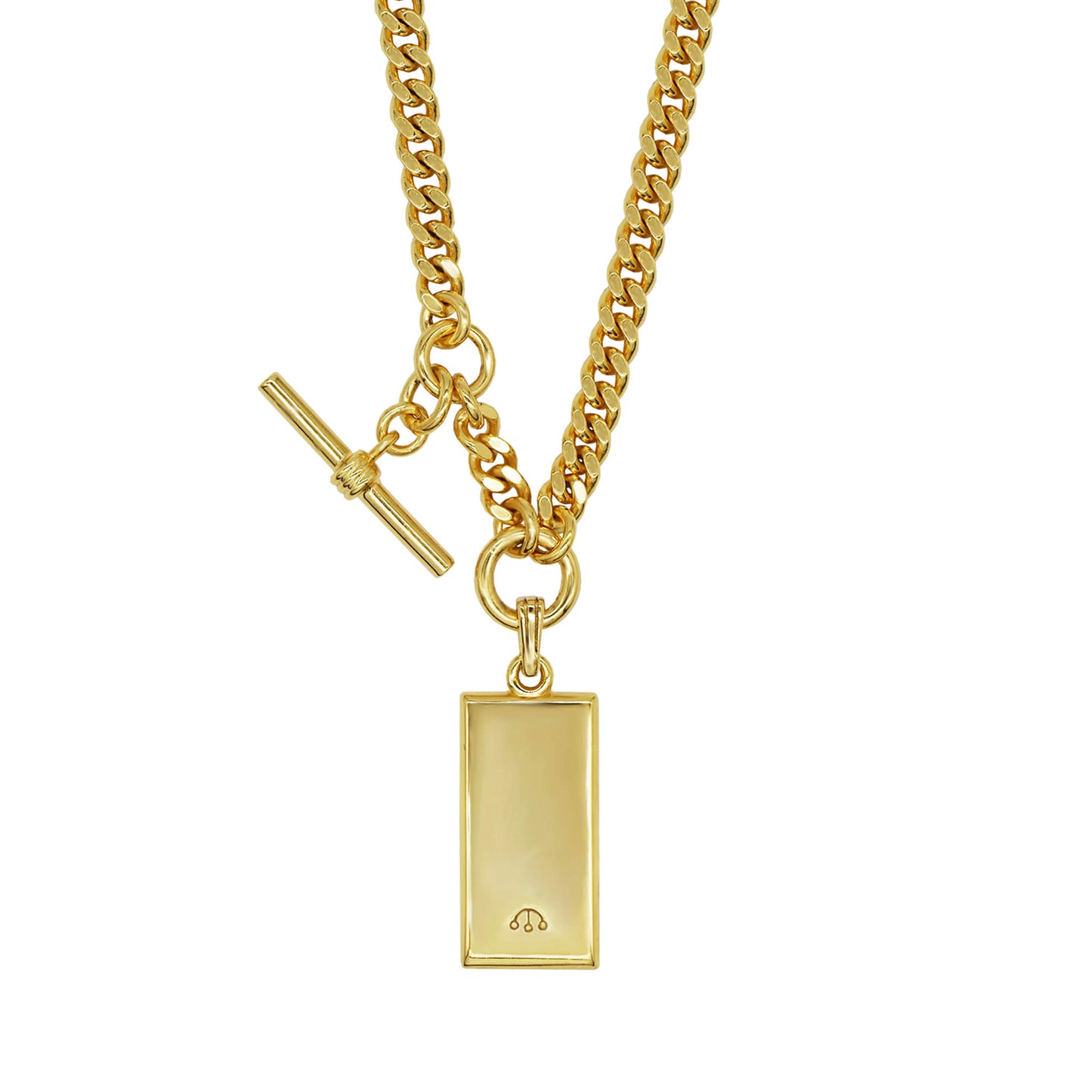 Gold curb chain with ingot & t bar charm- ball logo on ingot.
