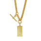 Gold curb chain with ingot & t bar charm- ball logo on ingot.