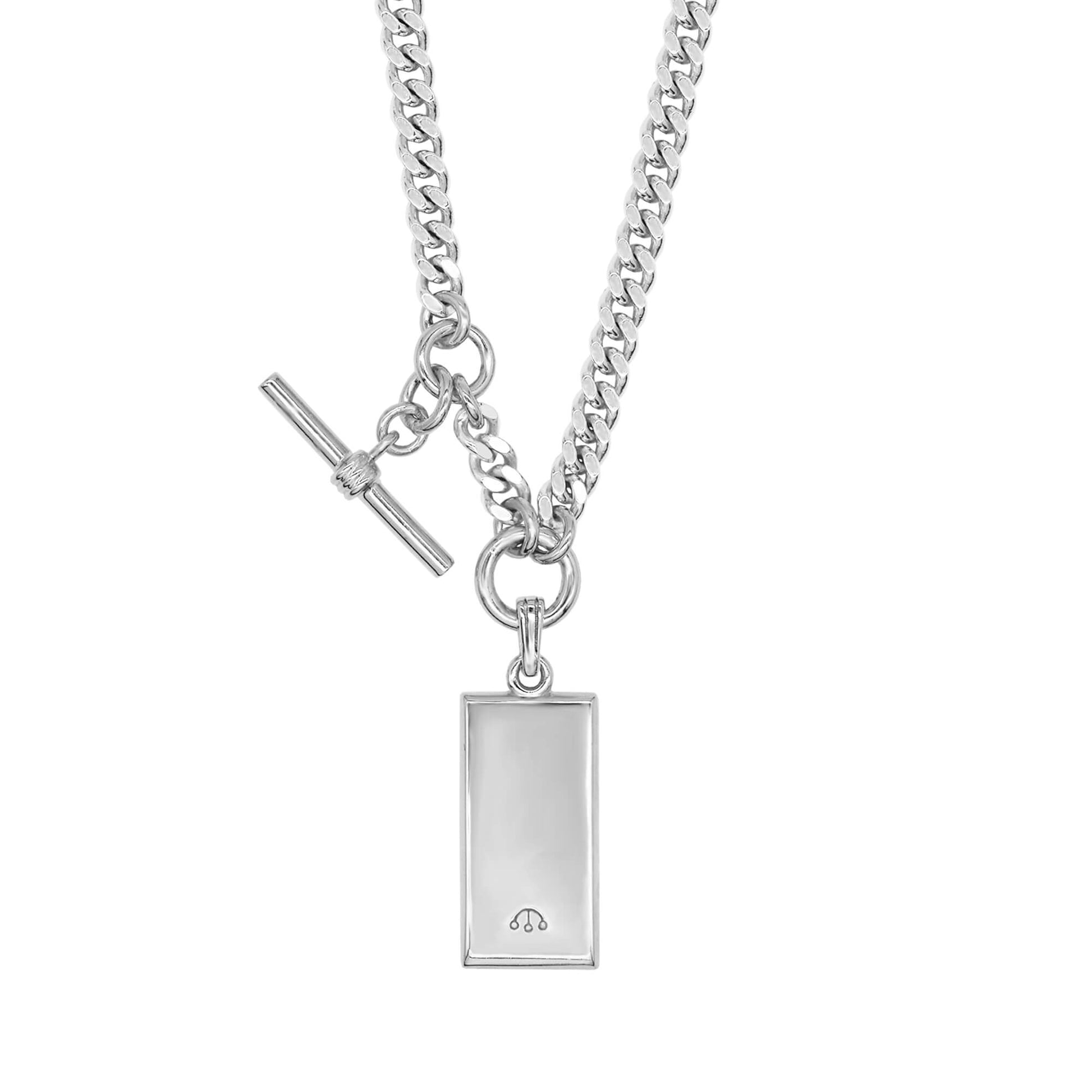 Pawnshop sterling silver curb chain necklace with smooth ingot & balls logo & t bar.