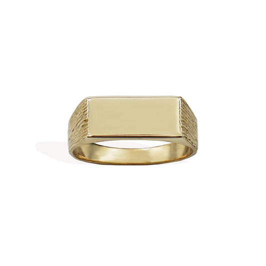 smooth rectangle face signet ring with bark textured shank.