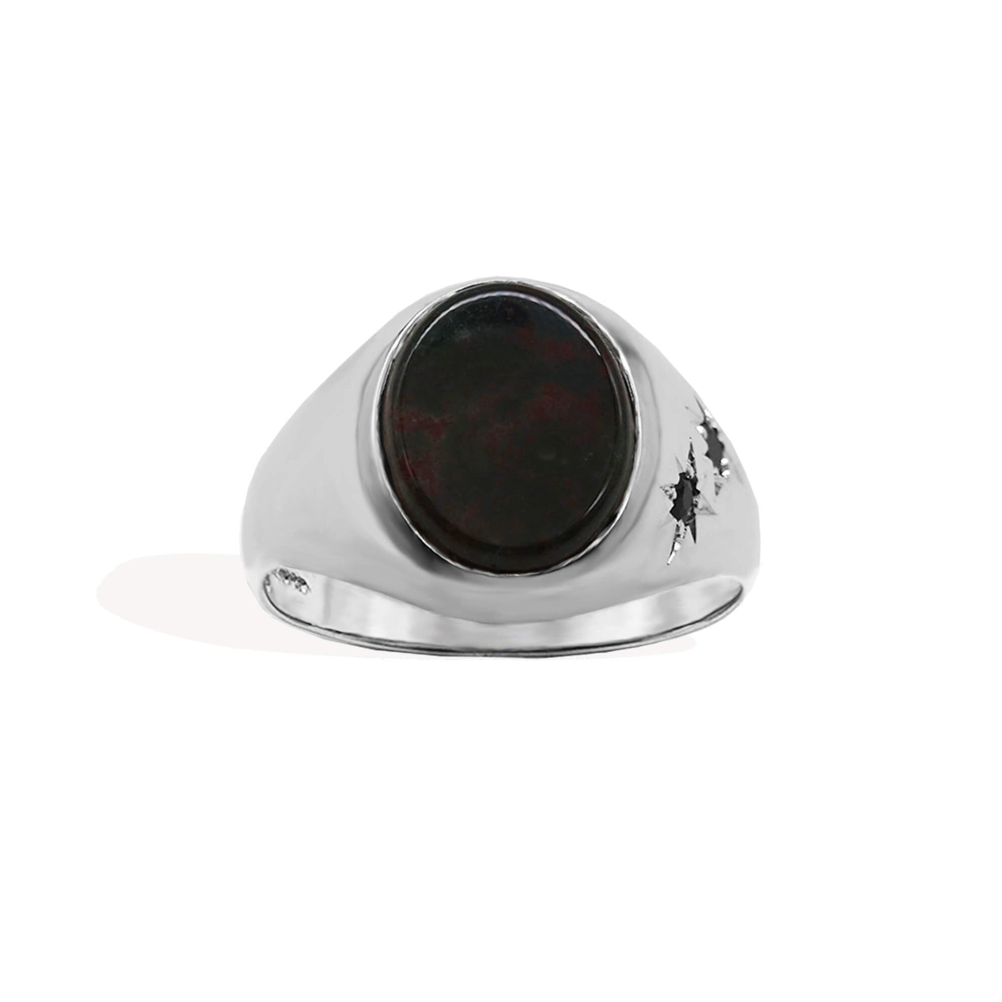 oval silver signet ring with bloodstone oval & two onyx stones set in starburst.