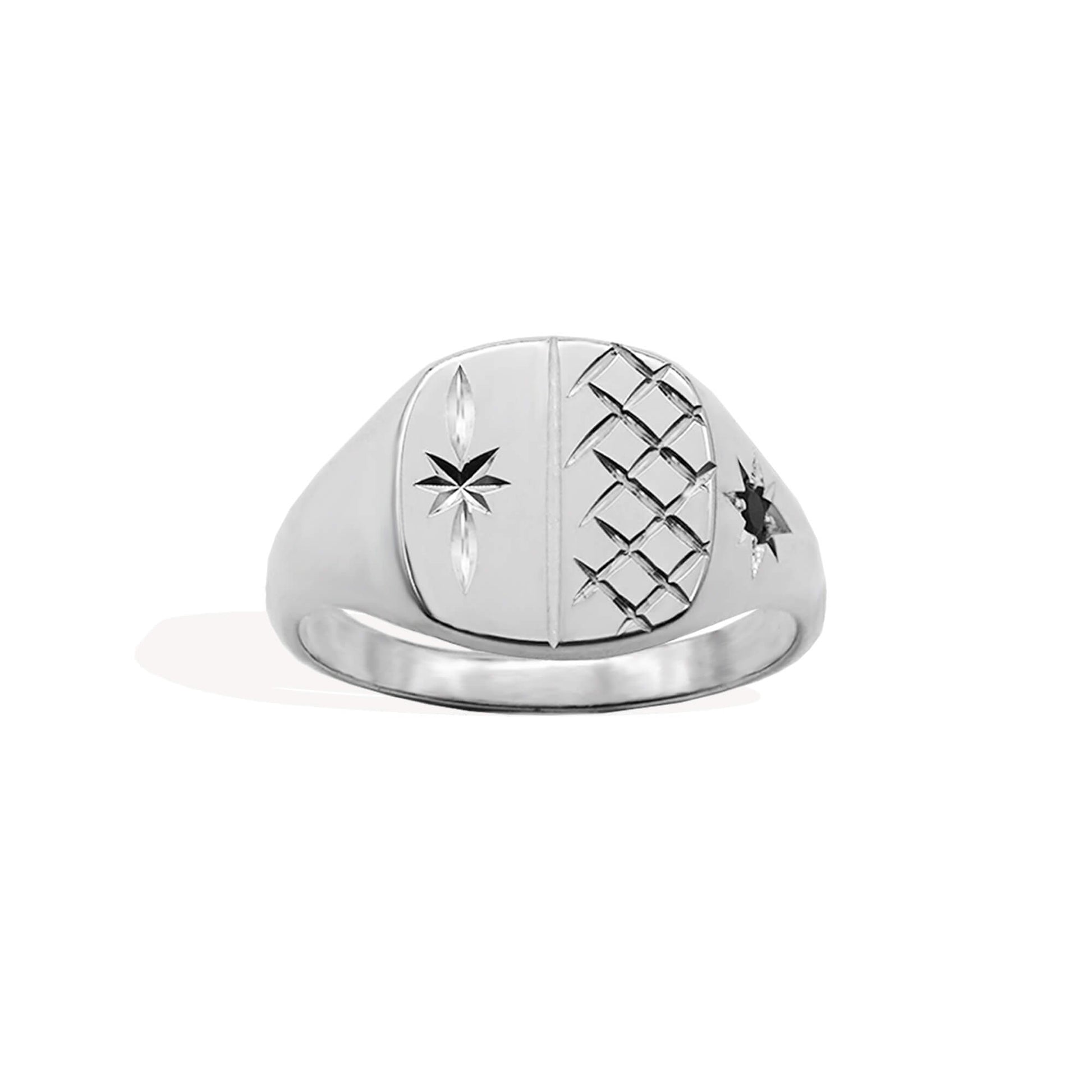 square cushion signet ring with diamond cur starburst & criss cross face, and onyx stone set in starburst on the band.