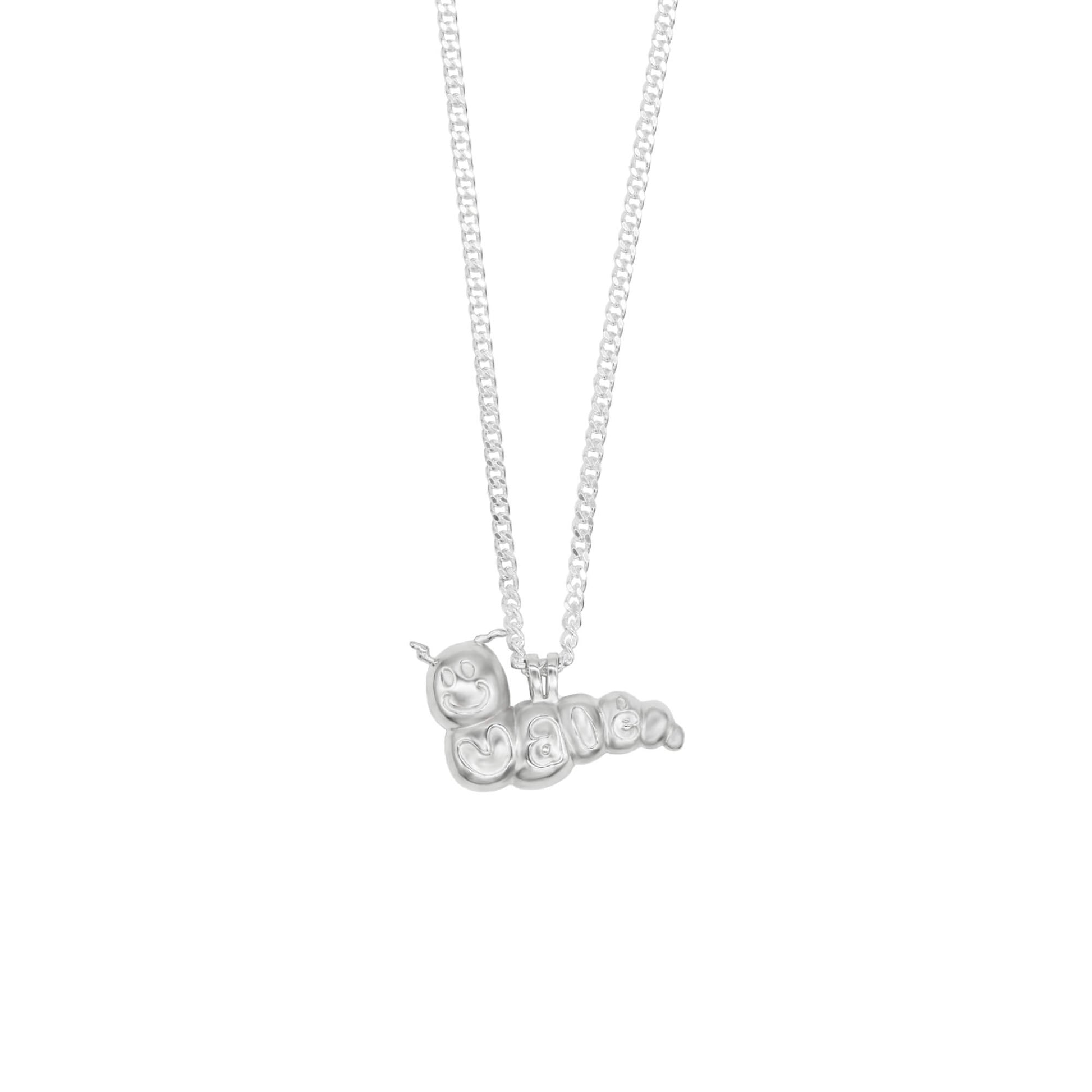 sterling silver caterpillar pendant with vale engraved on sterling silver chain.