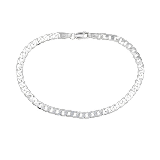 4MM WIDE SILVER FLAT DIAMOND CUT CURB CHAIN BRACELET.