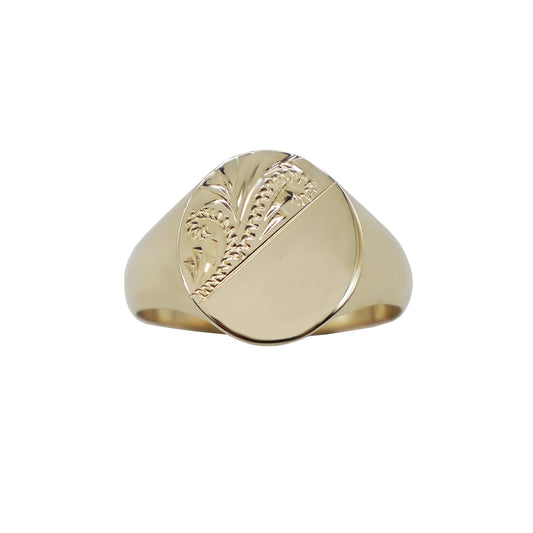 9k gold oval half diagonal patterned signet ring.