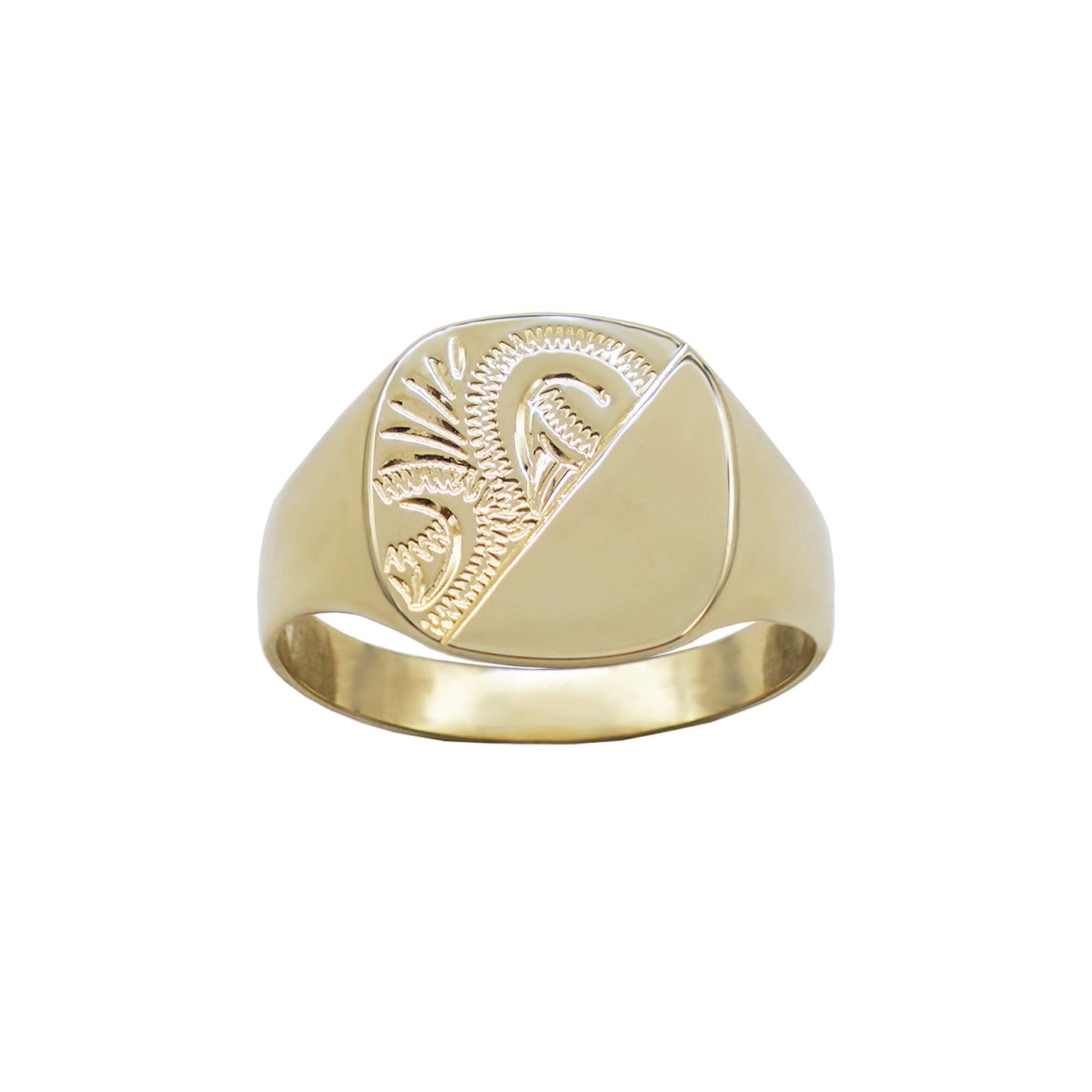 9k gold square cushion signet ring- with half diagonal swirl pattern on face.