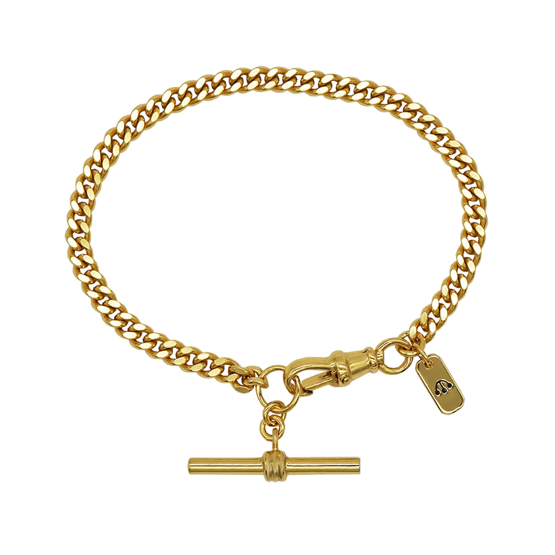 Gold curb chain bracelet with T bar charm and tag with pawnshop logo.