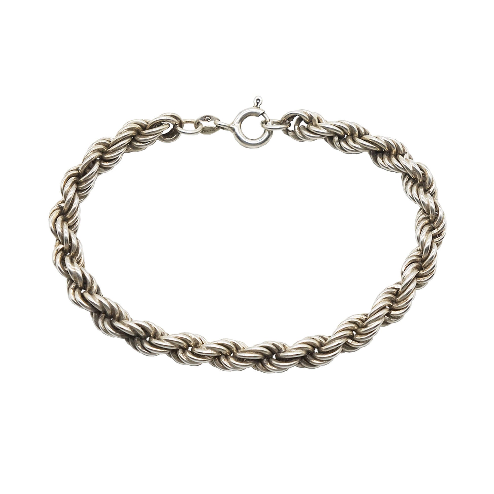Chunky sterling silver rope chain bracelet with round clasp.