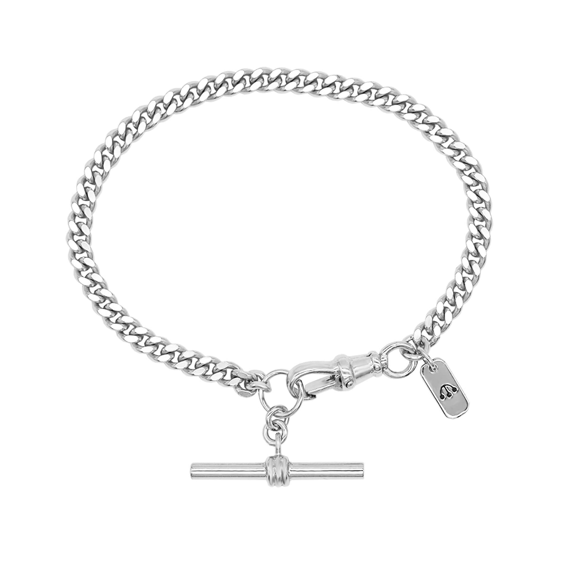 Silver curb chain bracelet with T Bar charm and tag with Pawnshop logo.