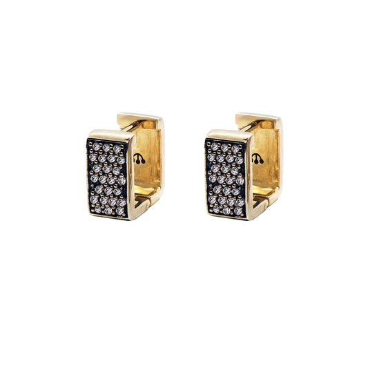 Close up product shot of a pair Pawnshop gold plated sterling silver pave square hoop earrings on a white background. 24 small stones/ on black oxidised background to front of hoop. Pawnshop 3 ball logo in black is on the inside back of the hoop earrings.