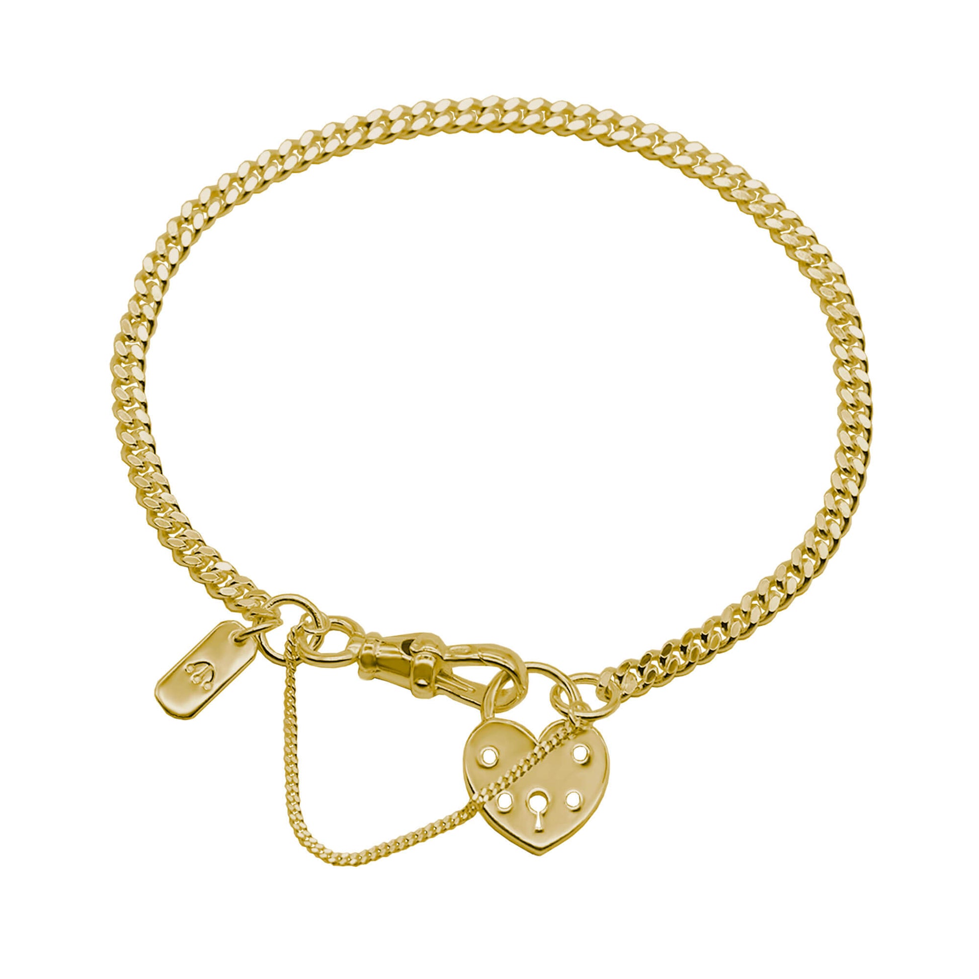 GOLD CURB CHAIN BRACELET WITH HEART PADLOCK CHAIN, FINE TRACE SAFETY CHAIN AND PAWNSHOP LOGO RAG.