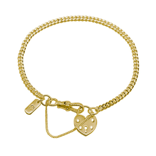 GOLD CURB CHAIN BRACELET WITH HEART PADLOCK CHAIN, FINE TRACE SAFETY CHAIN AND PAWNSHOP LOGO RAG.