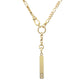 Close up product shot of Pawnshop gold plated sterling silver ingot necklace on a white background. The ingot has a small  crystal rhinestone at the bottom of the ingot charm, with a starburst surround. The necklace is made of mixed chain and is a Y drop profile.