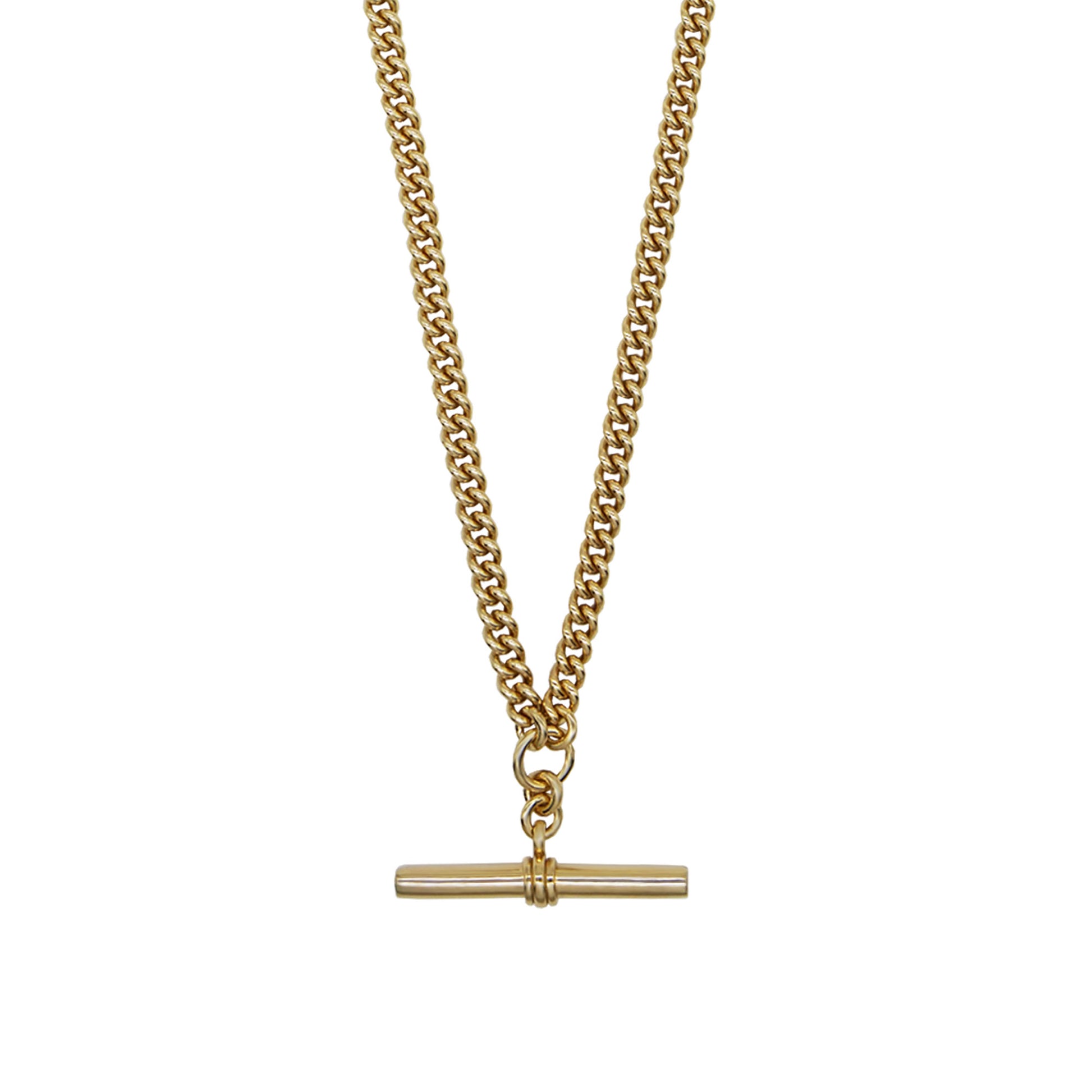 Close up of Pawnshop gold plated sterling silver T bar necklace. Curb chain detail with a T bar charm feature.