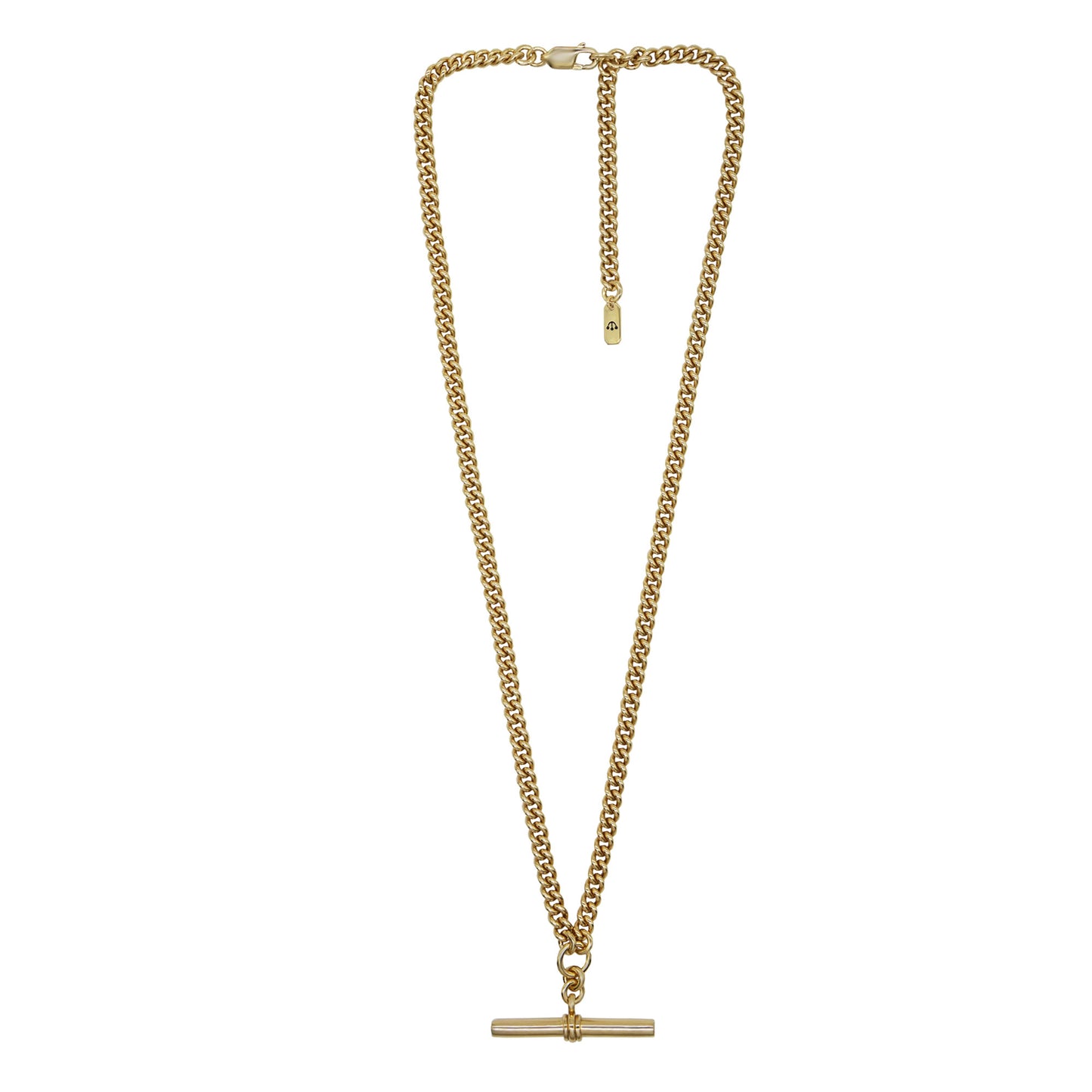 Zoomed out view of Pawnshop gold plated sterling silver T bar necklace. Curb chain detail with a T bar charm feature.