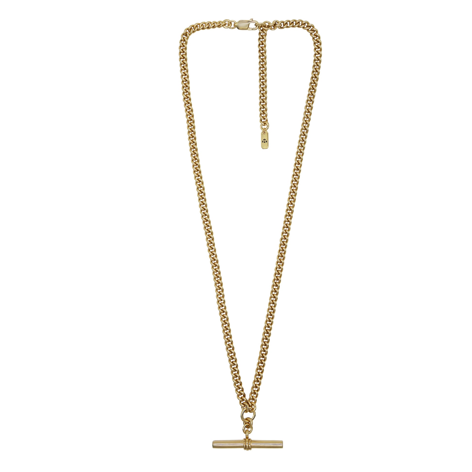 Zoomed out view of Pawnshop gold plated sterling silver T bar necklace. Curb chain detail with a T bar charm feature.