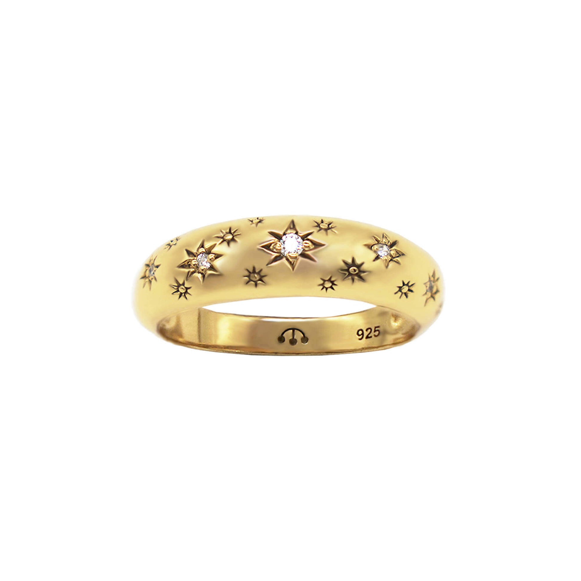 Gold domed band ring with clear cubic zirconia stones set in starburst setting. Pawnshop three ball logo on inner band and 925 to make silver.