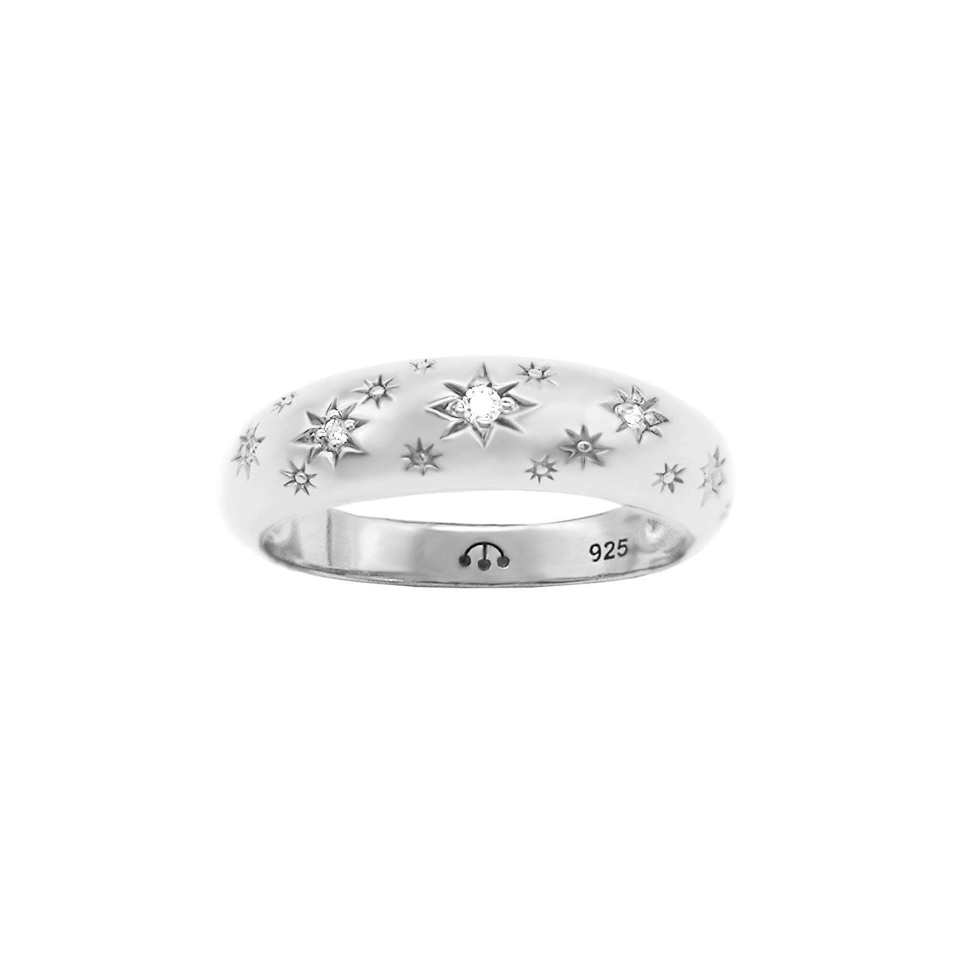 Silver domed band ring with clear CZ stones set in starburst setting- with pawnshop 3 ball logo & sterling silver 925 mark on inner band.