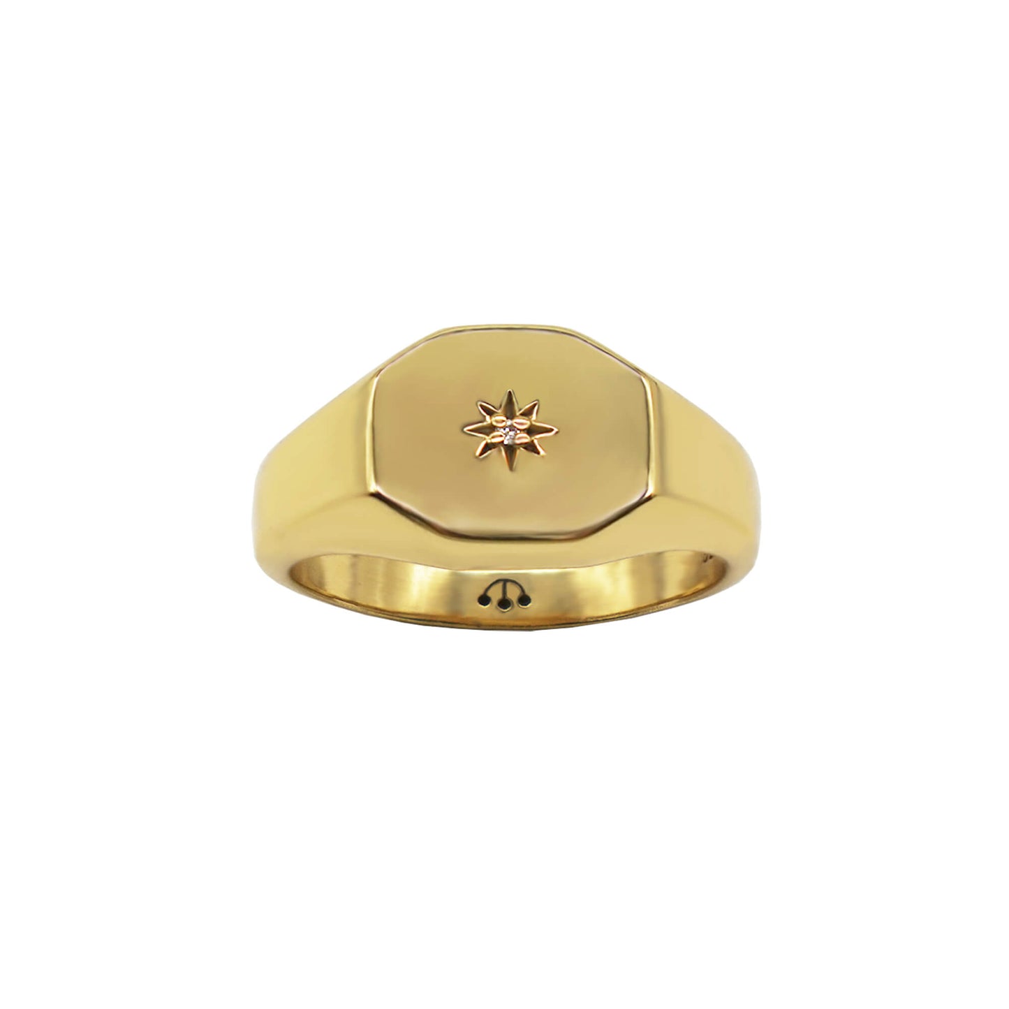 PAWNSHOP GOLD SIGNATURE GOLD OCTAGON PINKY RING WITH STARBURST CENTRE, PAWNSHOP 3 BALL LOGO SHOW ON INNER BAND.