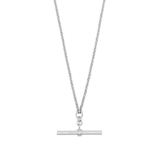 Sterling silver t bar charm on a belcher chain necklace.