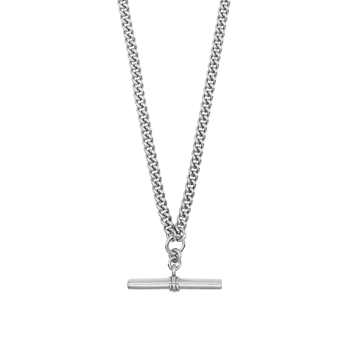 Close up of Pawnshop sterling silver T bar necklace. Curb chain detail with a T bar charm feature.