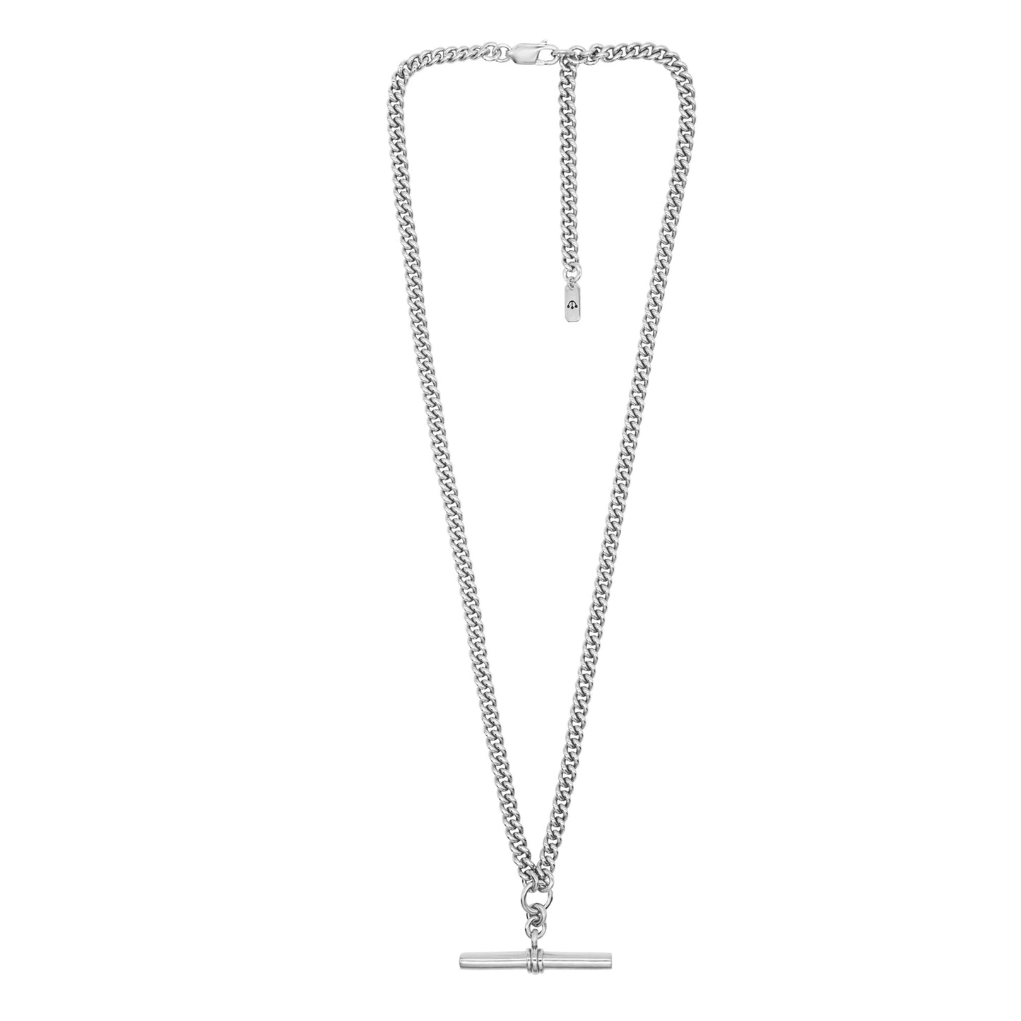Photograph of Pawnshop sterling silver T bar necklace. Curb chain detail with a T bar charm feature.