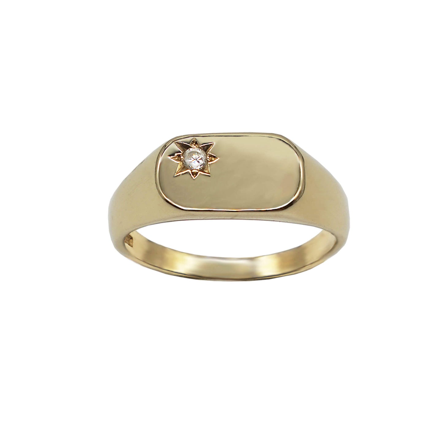 Vintage 9K Gold CZ signet ring- with smooth curved rectangle face- on white background.