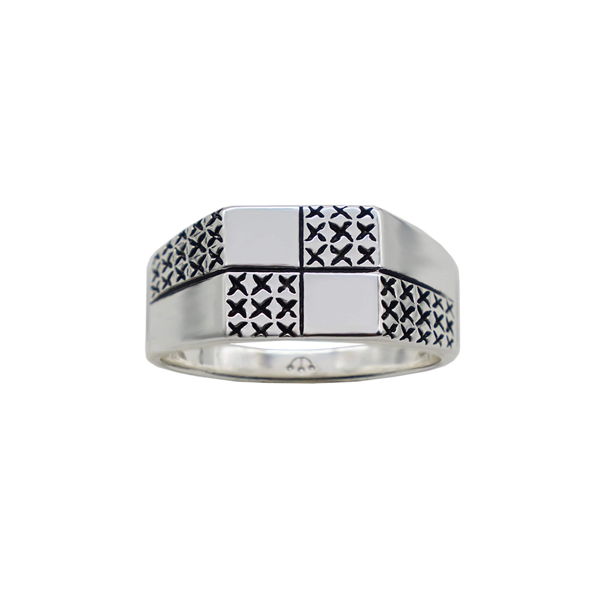 Silver square signet ring with checkerboard face and cross design.