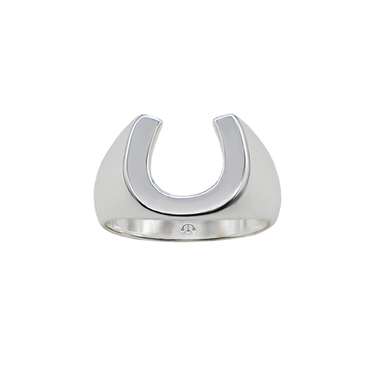 Sterling silver smooth horseshoe ring with pawnshop 3 ball logo on inner band.
