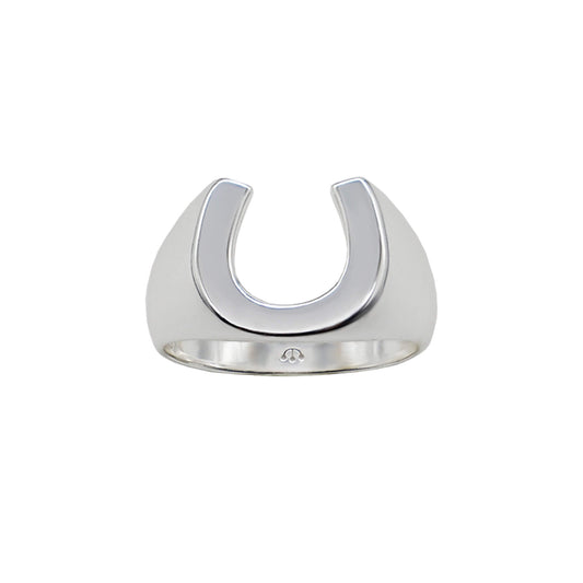 Sterling silver smooth horseshoe ring with pawnshop 3 ball logo on inner band.