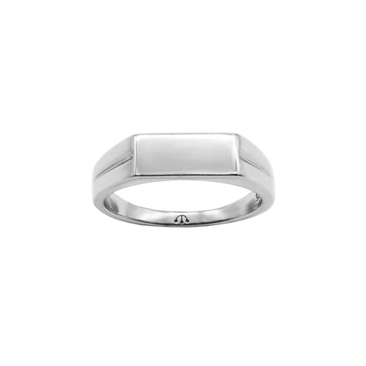 SILVER SLIM RECTANGLE SIGNET RING WITH PAWNSHOP LOGO.