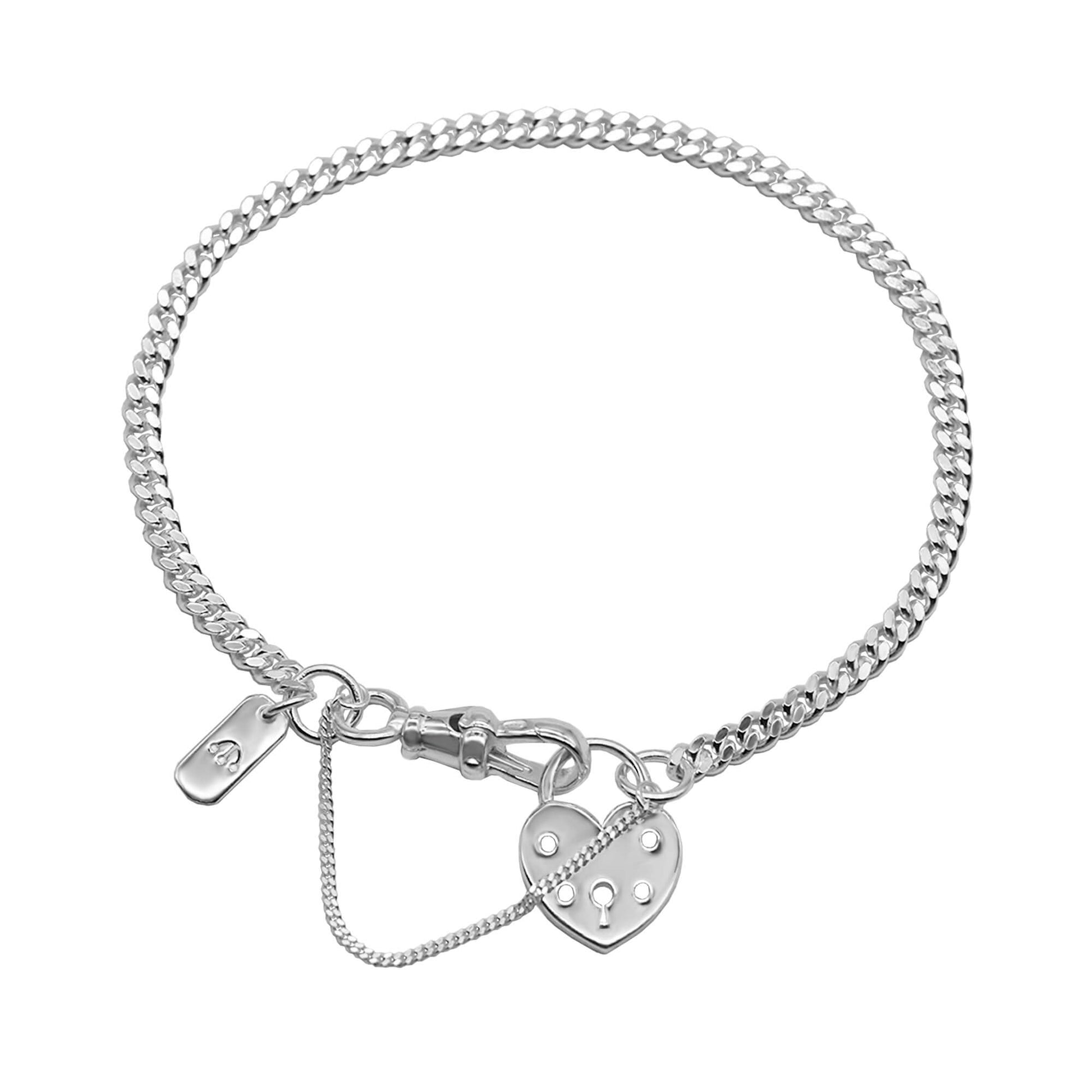 SILVER CURB CHAIN BRACELET WITH LOBSTER CLASP HEART LOCKET CHARM AND TAG WITH PAWNSHOP LOGO & SAFETY CHAIN.