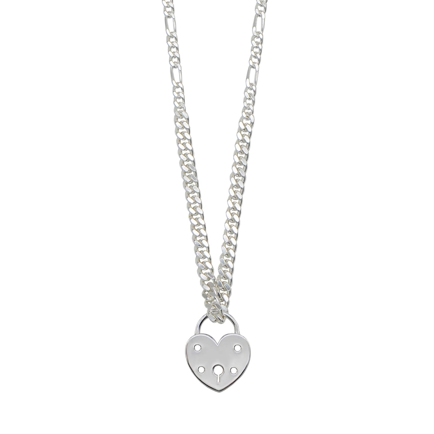 Sterling silver curb chain necklace with Heart padlock charm threaded through the chain.