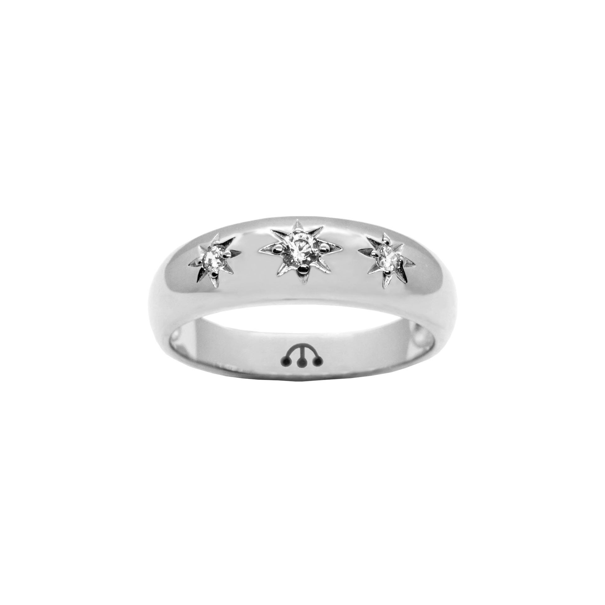 Pawnshop Sterling Silver Starburst Ring, with three cubic zirconia stones on a white background. Pawnshop black three ball logo can be seen on the inner band.