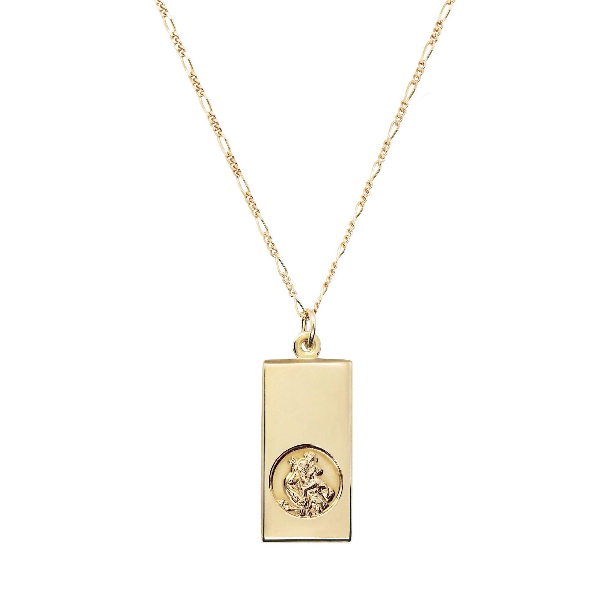 close up of 9K gold st christopher ingot necklace on a white background