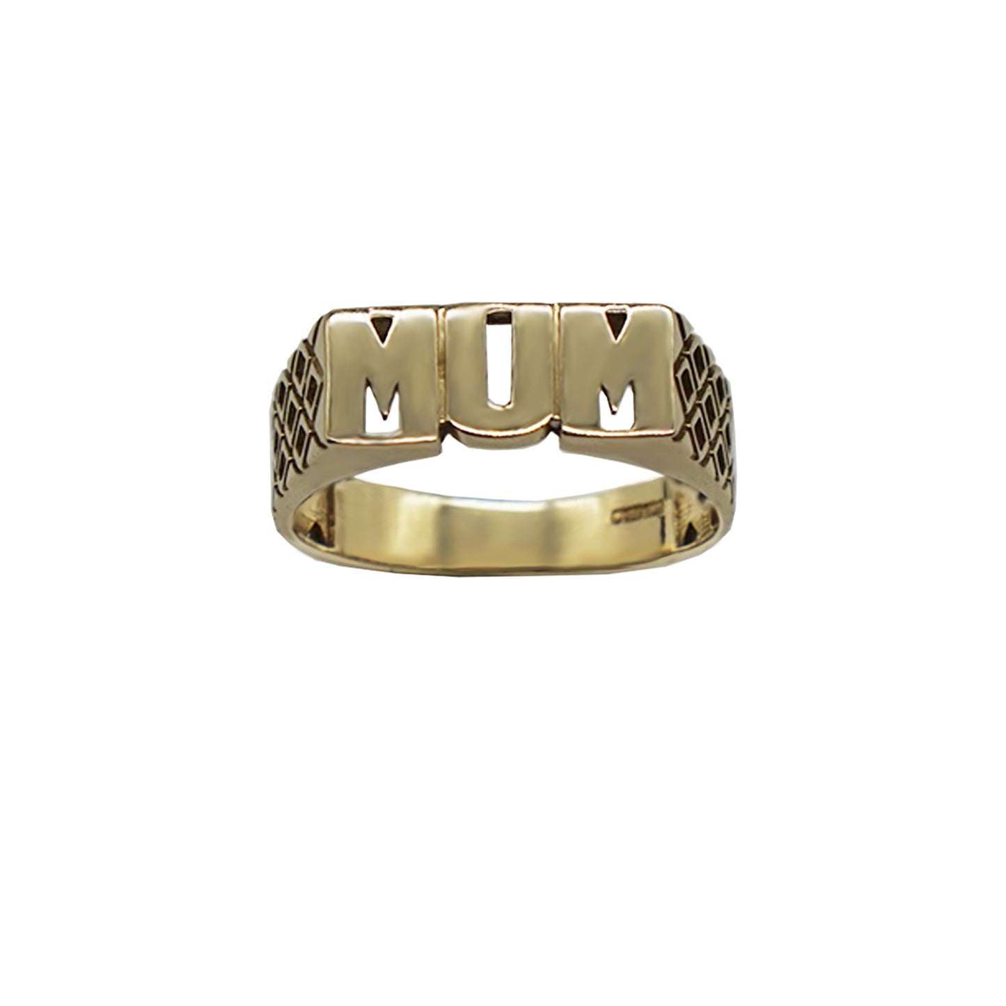 Vintage 9K Gold MUM ring in capitals, with Geo side details, hallmarks can be seen on inner band. Background white.