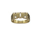 Vintage 9K Gold MUM ring in capitals, with Geo side details, hallmarks can be seen on inner band. Background white.